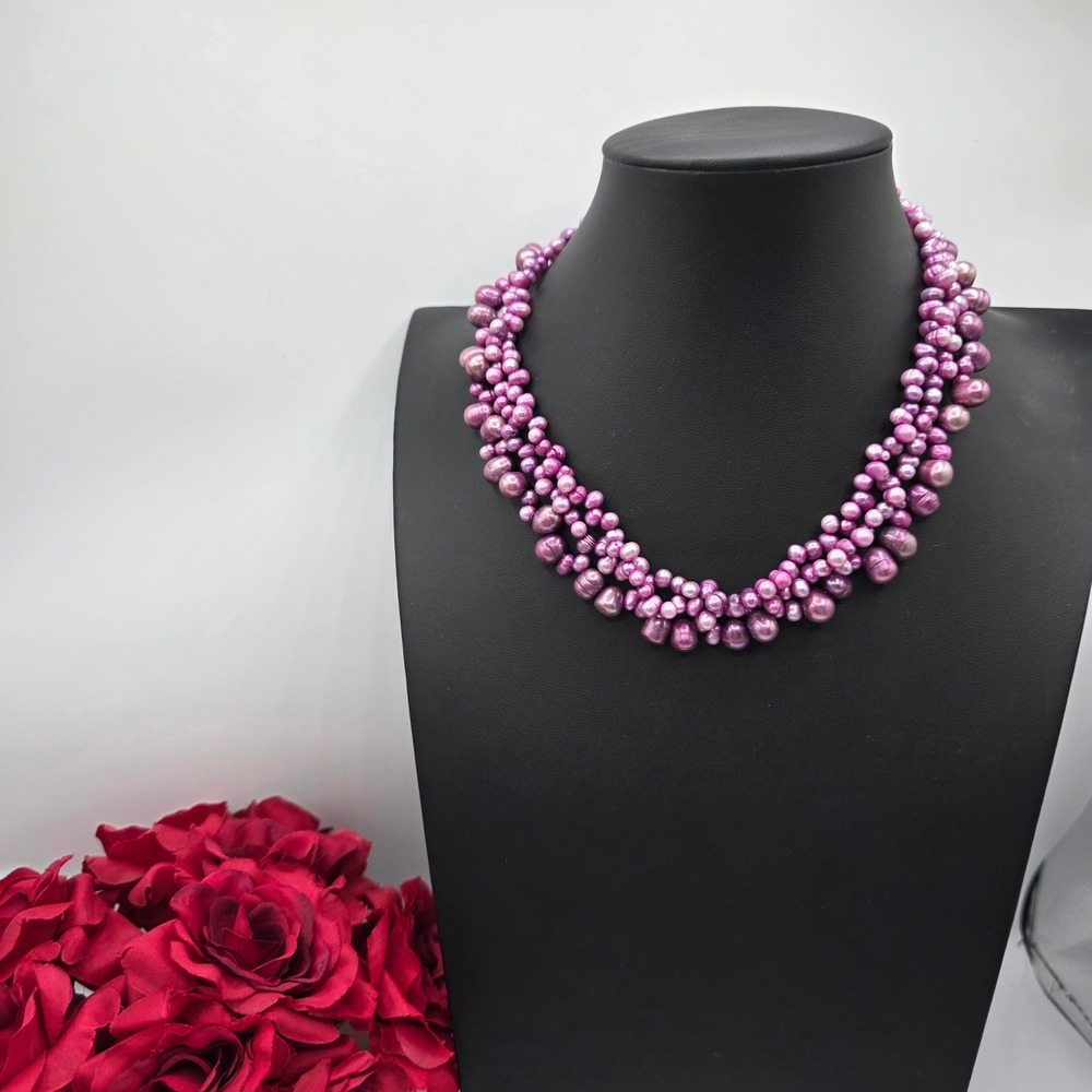 Magenta Pink Multi-Strand Freshwater Pearl Necklace 3-Row Slide Clasp 18in